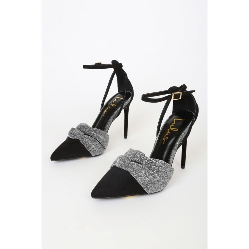 Lulus Santina Black And Pewter Pointed-toe Ankle Strap Pumps - Size 7.5